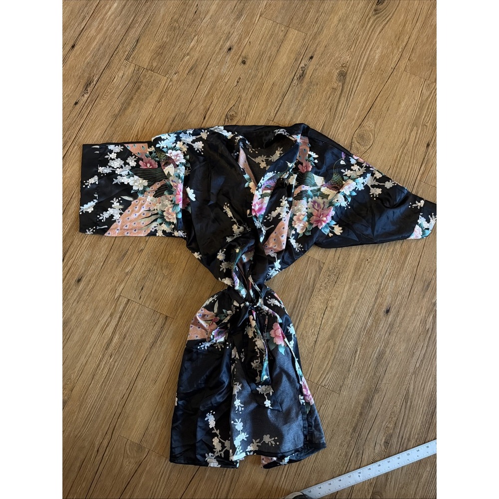 old shanghai robe One Size Black Floral Satin Floral 3/4 Sleeve